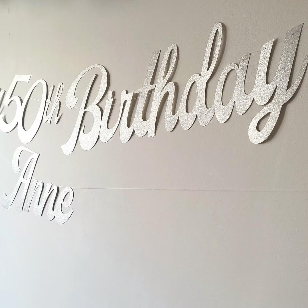 Personalised Name Happy Birthday Silver Glitter Banner