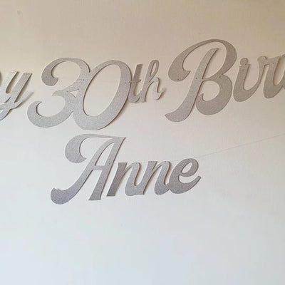 Personalised Name Happy Birthday Silver Glitter Banner