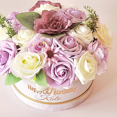 Personalised Name and Age Purple and White Flower Hat Box, Birthday Gift Box