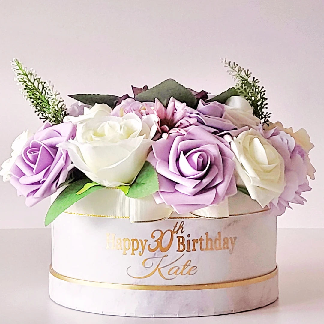 Personalised Name and Age Purple and White Flower Hat Box, Birthday Gift Box