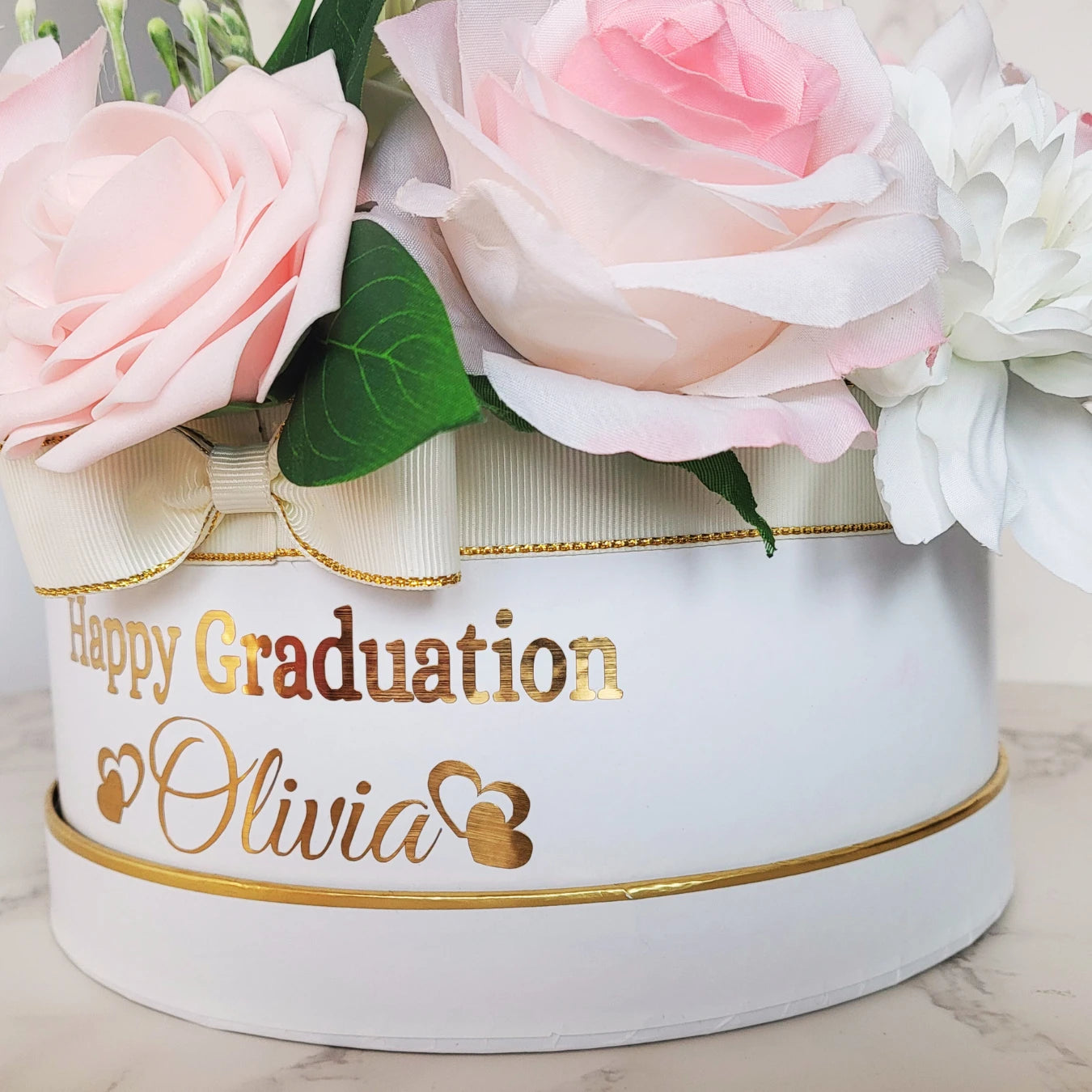 Personalised Name Happy Graduation Pink and White Flower Hat Box - Partyshakes Artificial Flowers