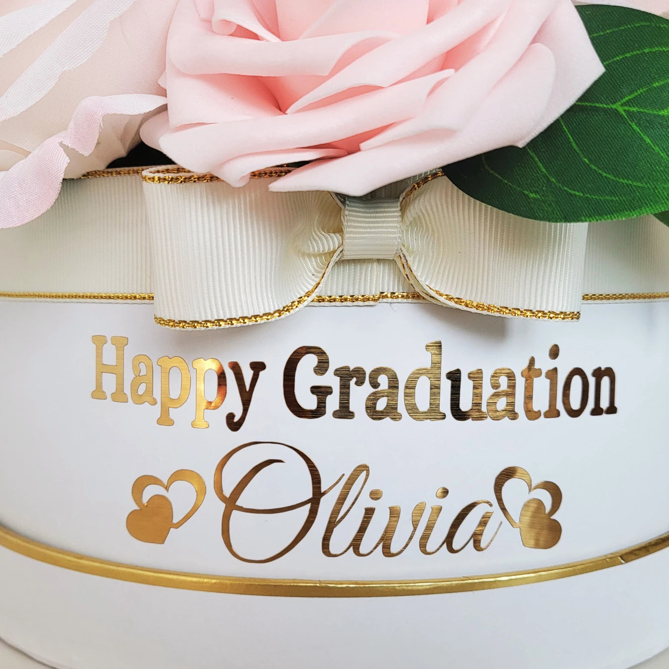 Personalised Name Happy Graduation Pink and White Flower Hat Box - Partyshakes Artificial Flowers