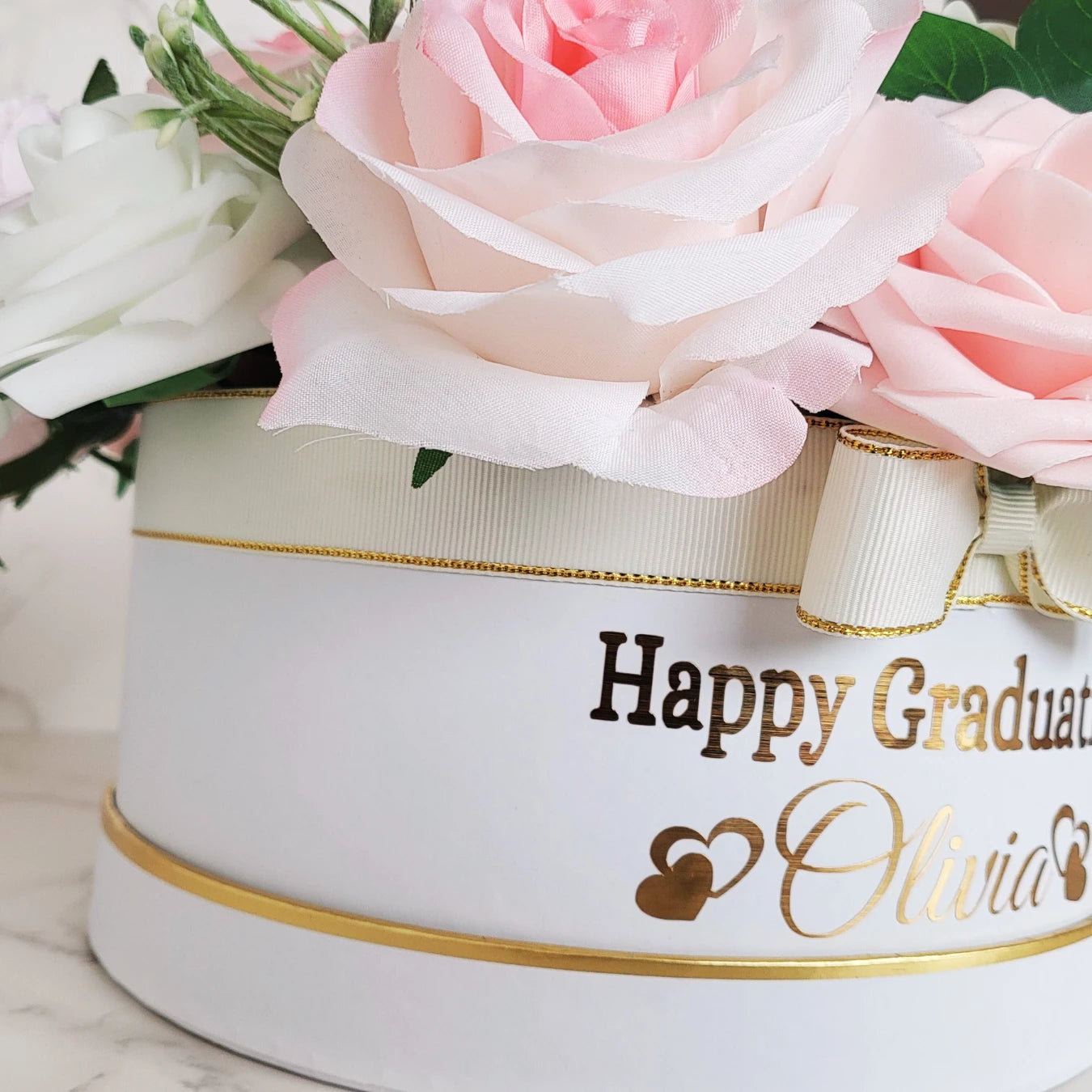 Personalised Name Happy Graduation Pink and White Flower Hat Box - Partyshakes Artificial Flowers