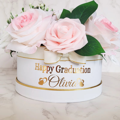 Personalised Name Happy Graduation Pink and White Flower Hat Box - Partyshakes Artificial Flowers