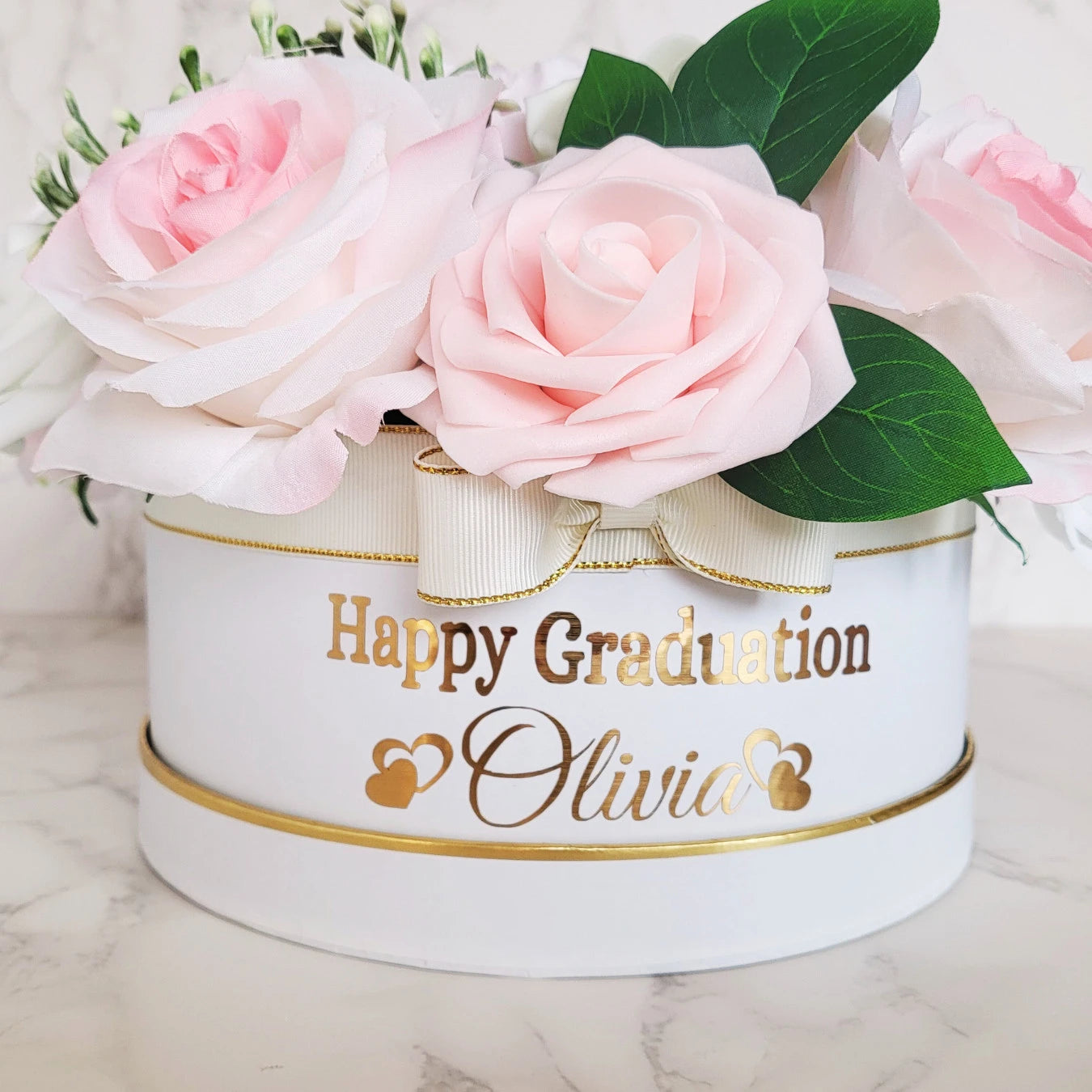 Personalised Name Happy Graduation Pink and White Flower Hat Box - Partyshakes Artificial Flowers