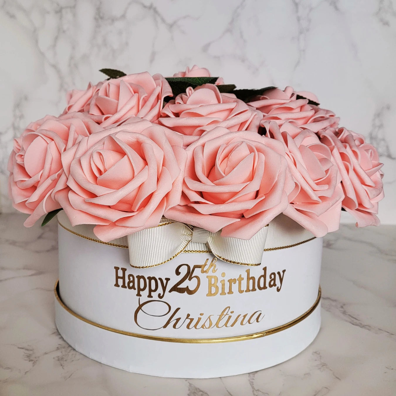 Personalised Name and Age Pink Rose Flower Hat Box, Birthday Gift Box - Partyshakes Artificial Flowers