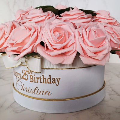 Personalised Name and Age Pink Rose Flower Hat Box, Birthday Gift Box - Partyshakes Artificial Flowers