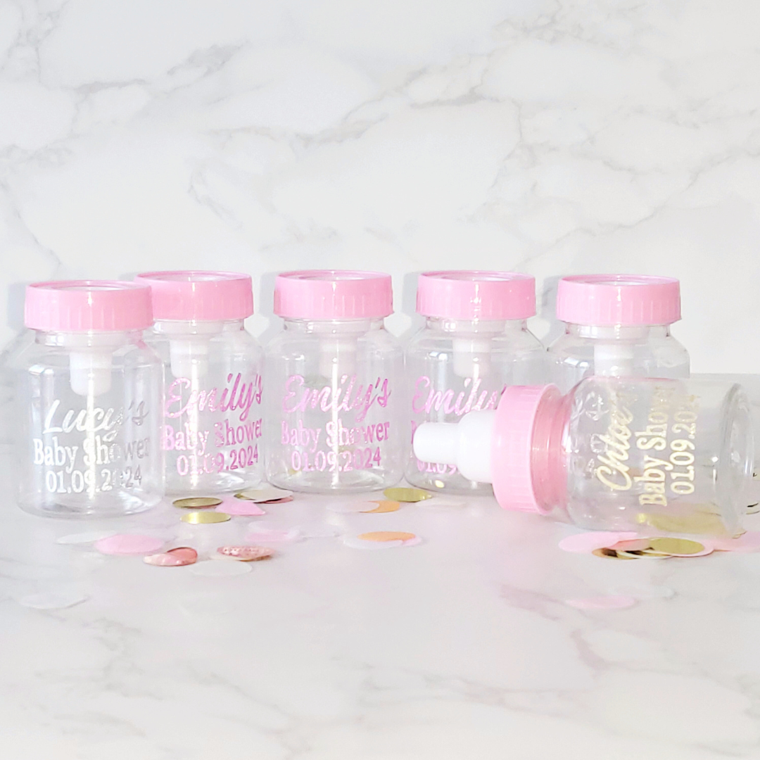 Personalised Baby Shower, Gender Reveal Fillable Bottles