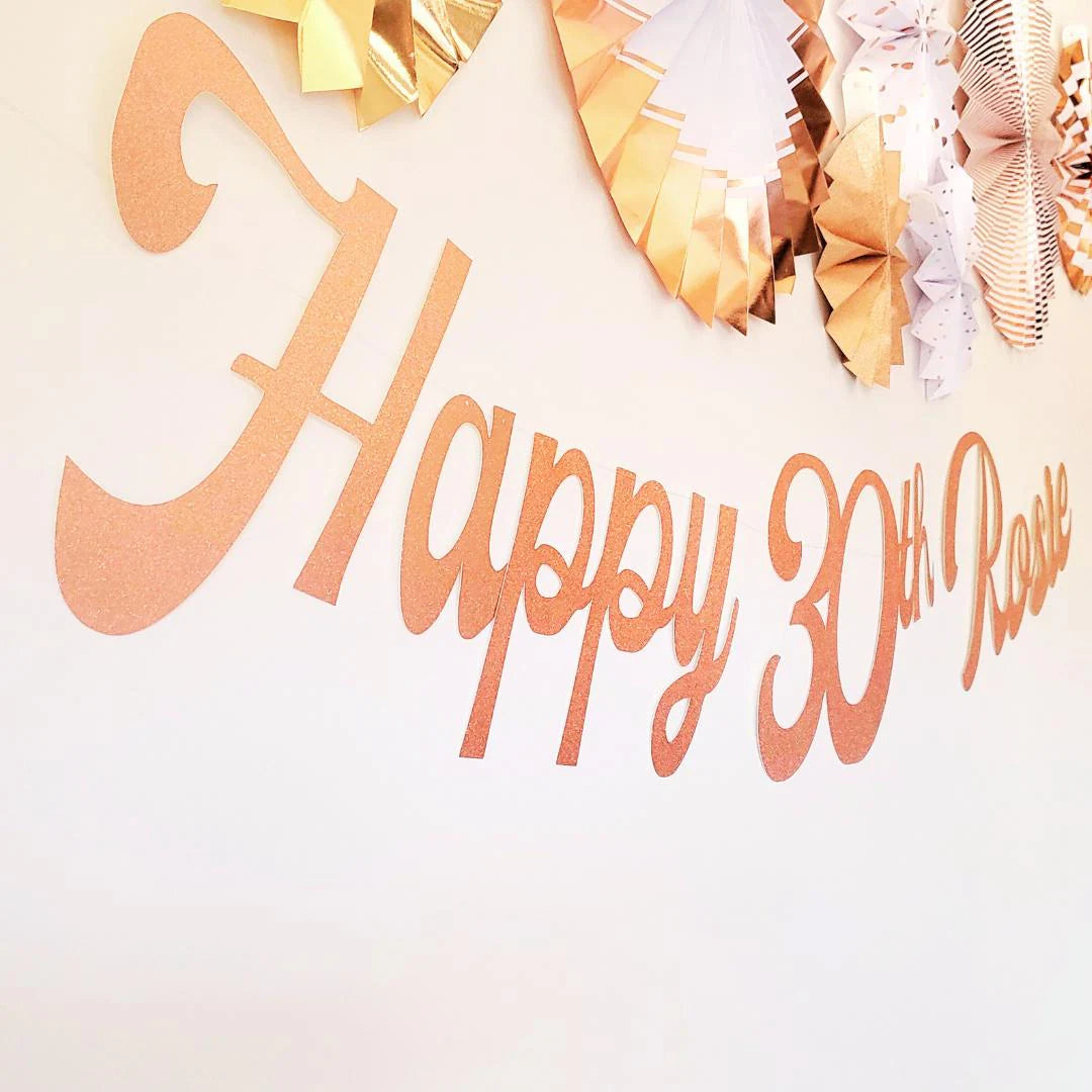 Personalised Name Happy Birthday Rose Gold Glitter Banner