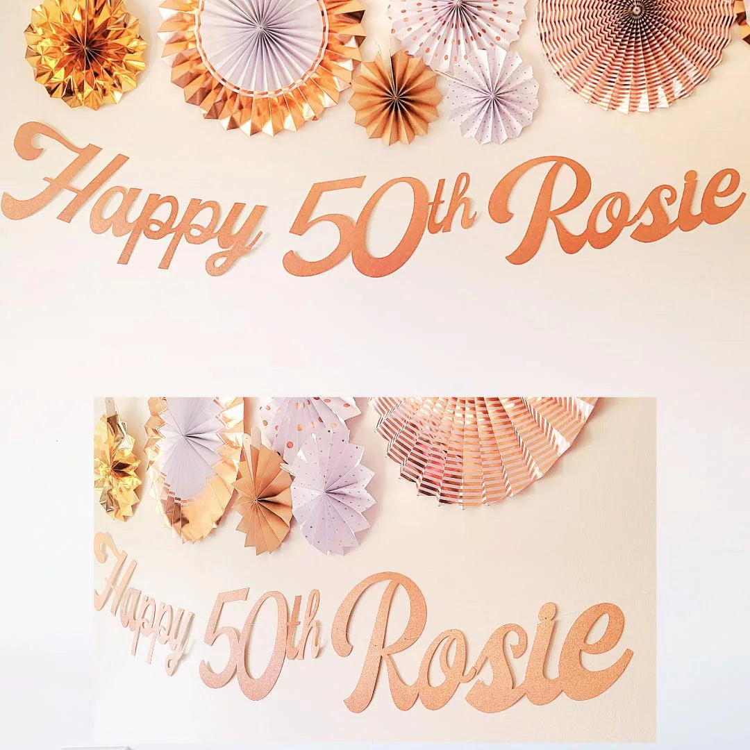 Personalised Name Happy Birthday Rose Gold Glitter Banner