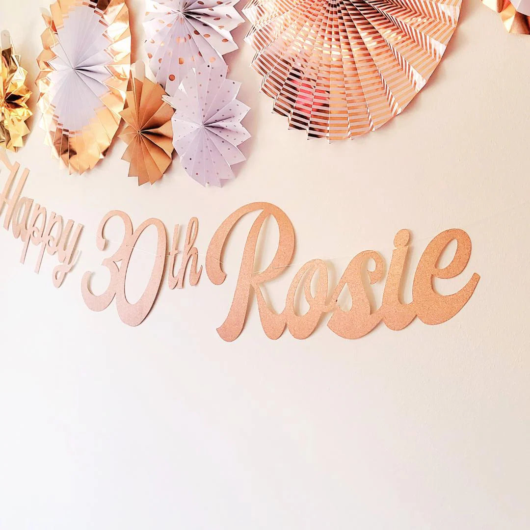 Personalised Name Happy Birthday Rose Gold Glitter Banner