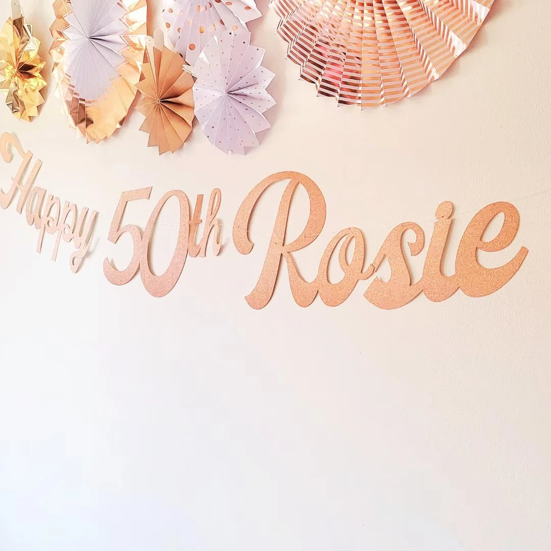 Personalised Name Happy Birthday Rose Gold Glitter Banner