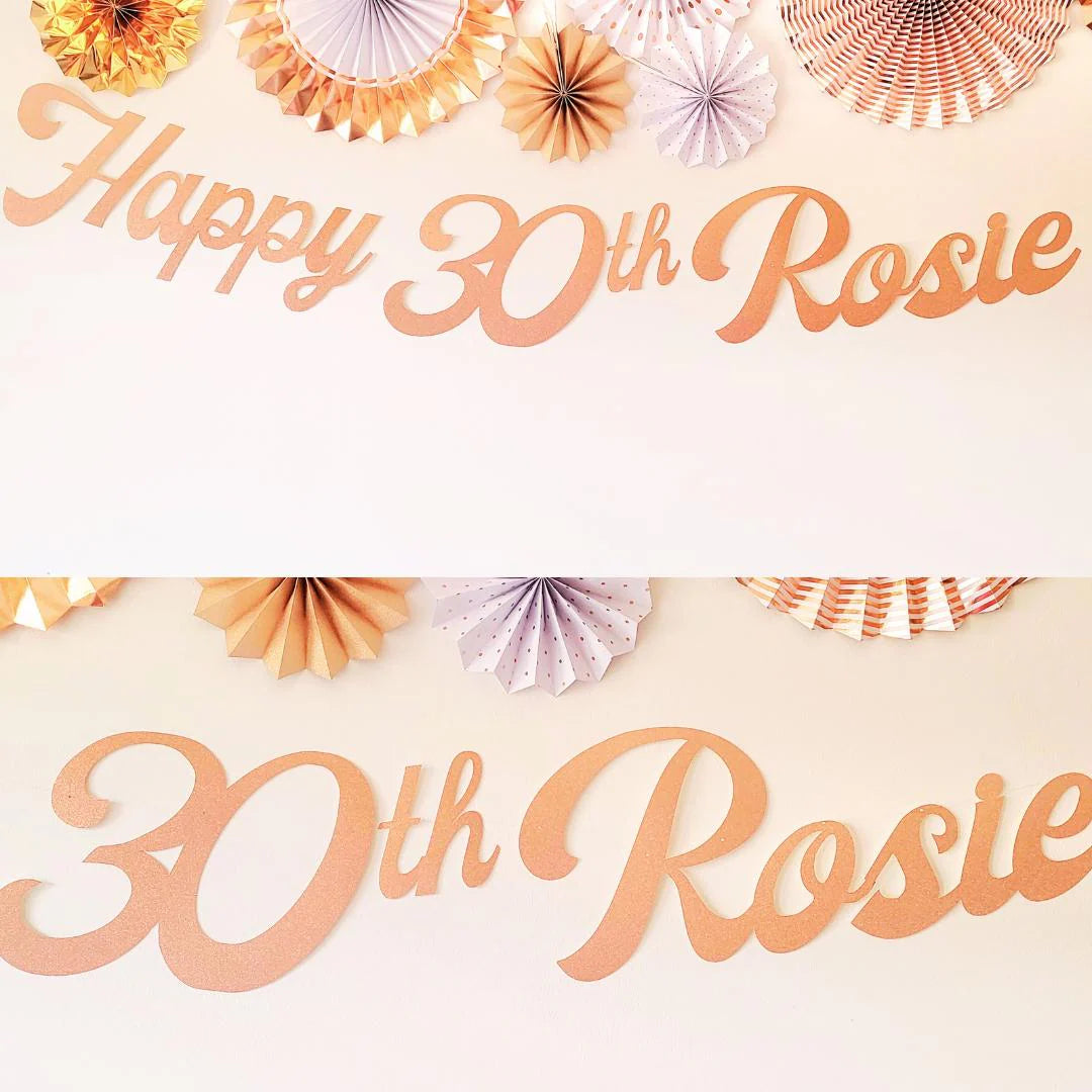 Personalised Name Happy Birthday Rose Gold Glitter Banner