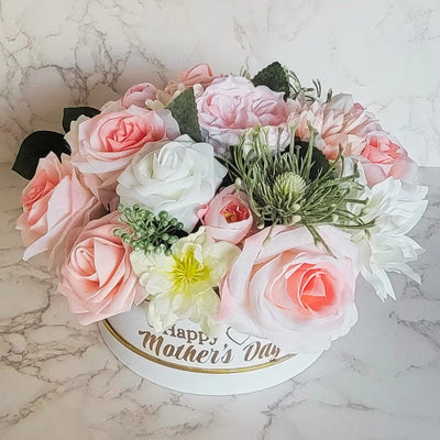 Pink and White Happy Mothers day Flowers in Hat Box - Partyshakes Artificial Flowers