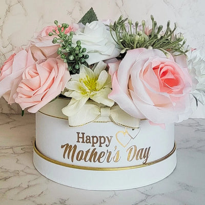 Pink and White Happy Mothers day Flowers in Hat Box - Partyshakes Artificial Flowers