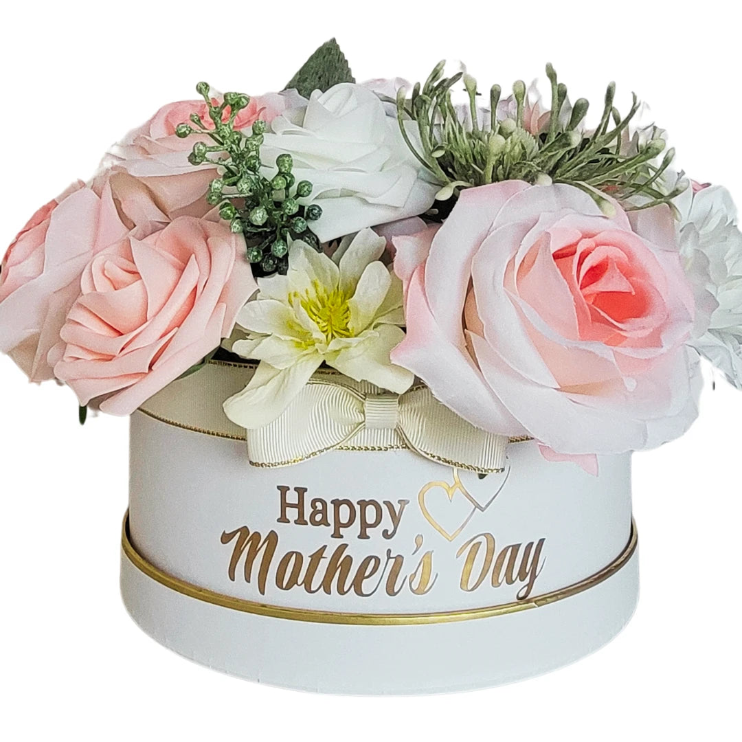 Pink and White Happy Mothers day Flowers in Hat Box - Partyshakes Artificial Flowers