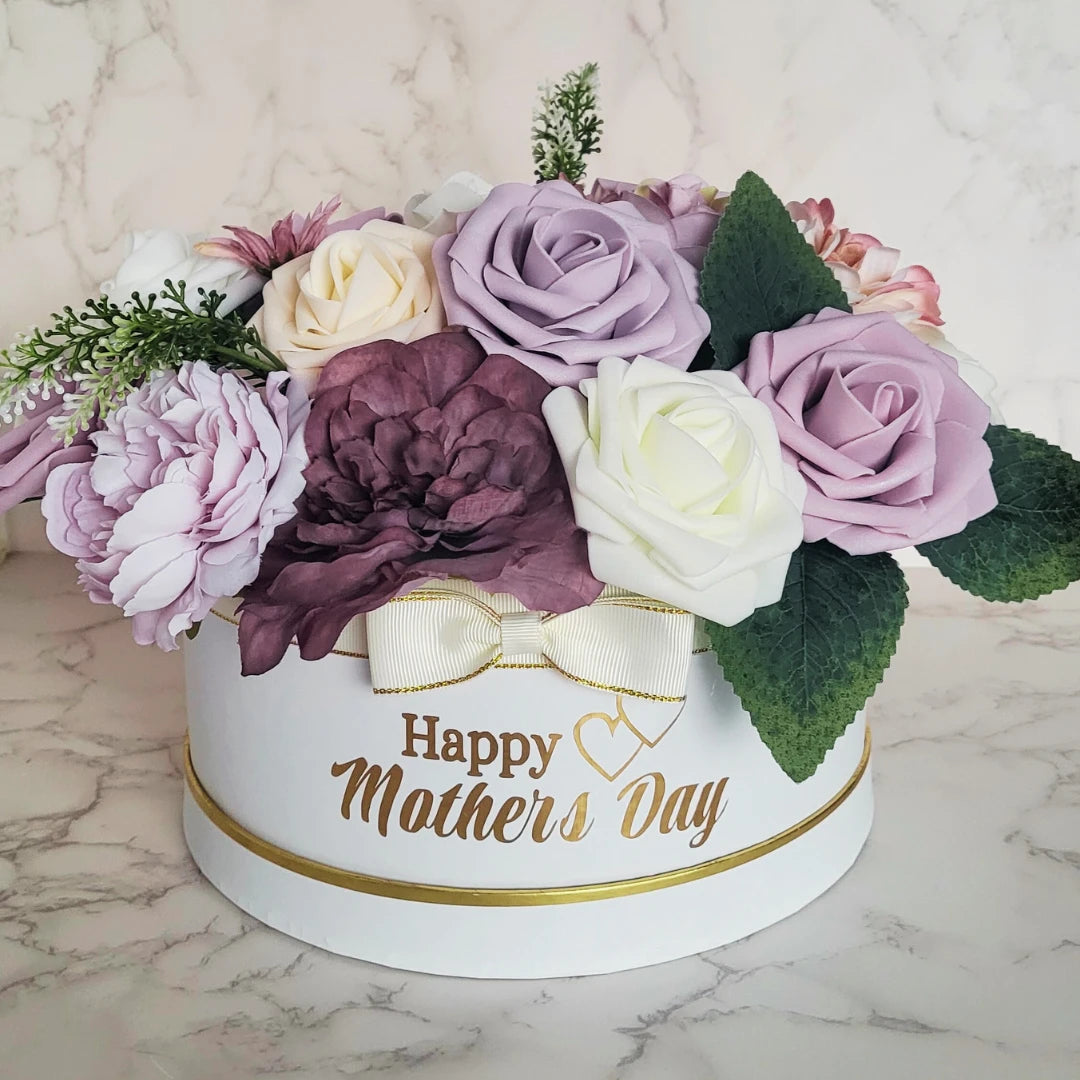Purple and White Happy Mothers day Flowers in Hat Box - Partyshakes Artificial Flowers