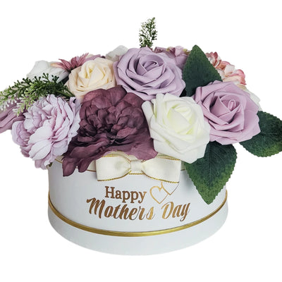 Purple and White Happy Mothers day Flowers in Hat Box - Partyshakes Artificial Flowers