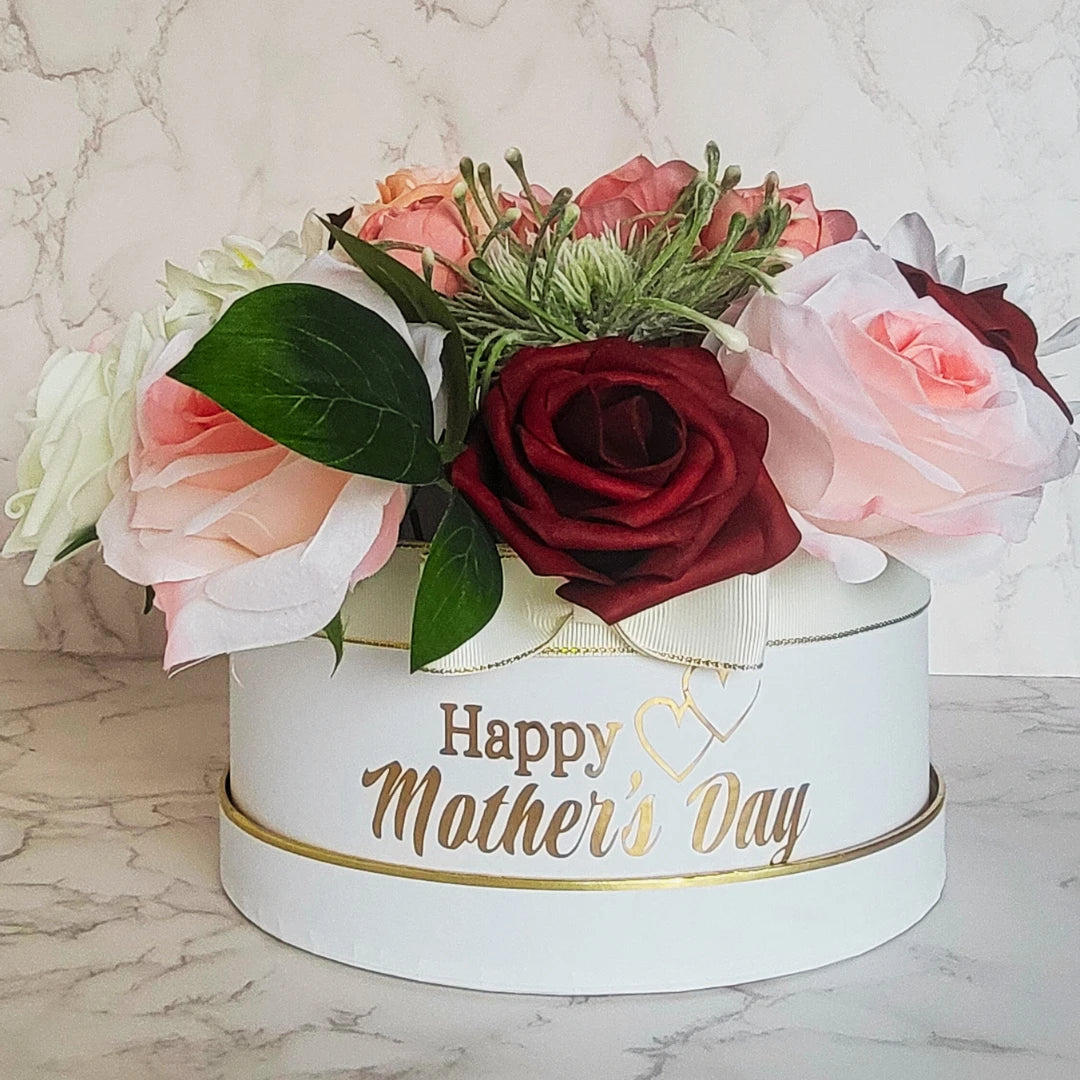 Red and White Happy Mothers day Flowers in Hat Box - Partyshakes Artificial Flowers