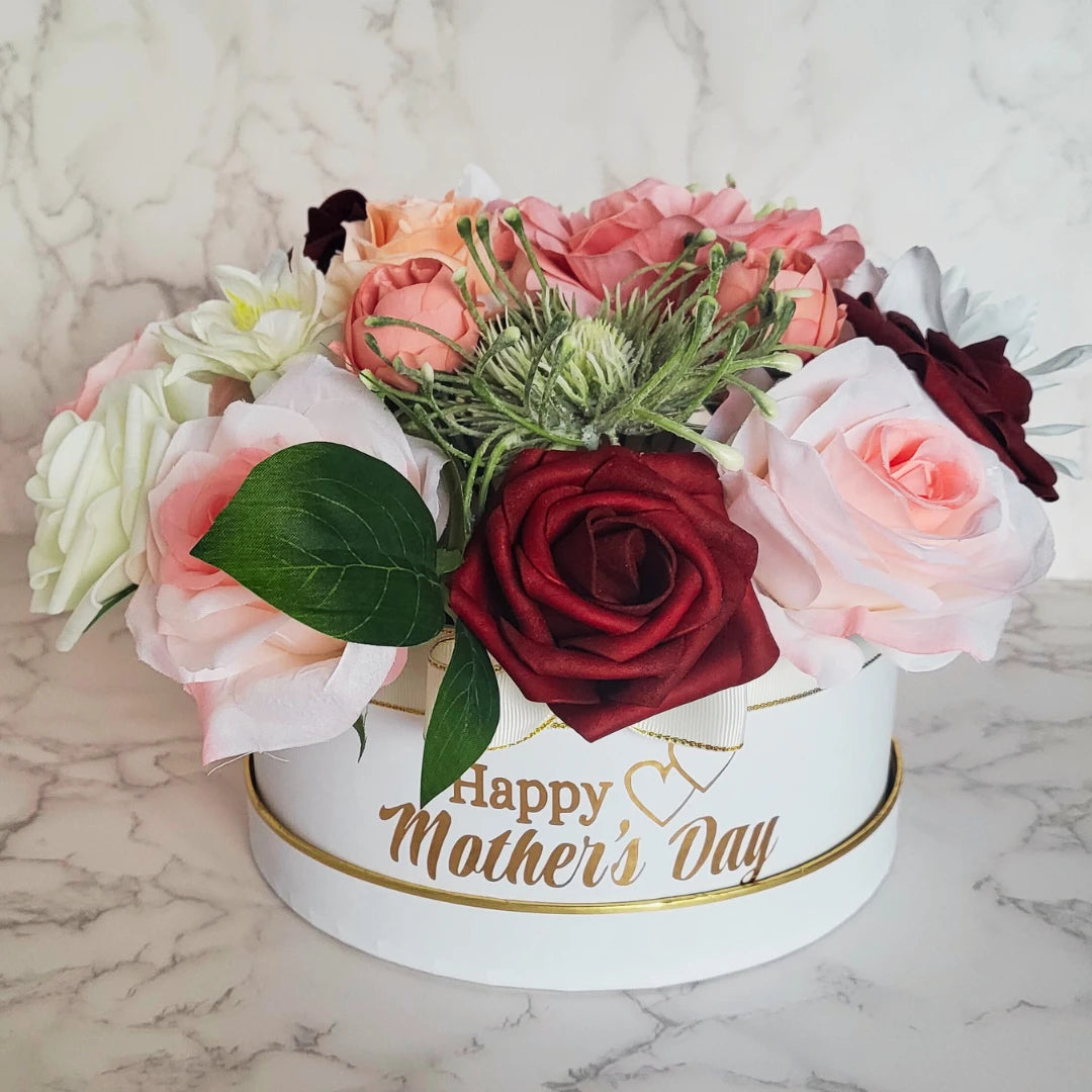 Red and White Happy Mothers day Flowers in Hat Box - Partyshakes Artificial Flowers