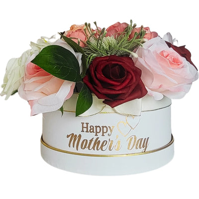 Red and White Happy Mothers day Flowers in Hat Box - Partyshakes Artificial Flowers