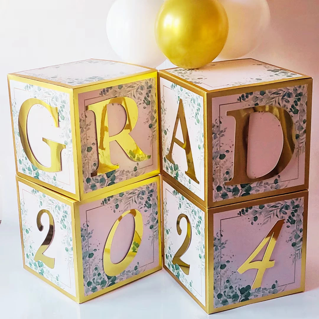 Sage Green 2024 Graduation Blocks with Gold GRAD Letters - Partyshakes Graduation box