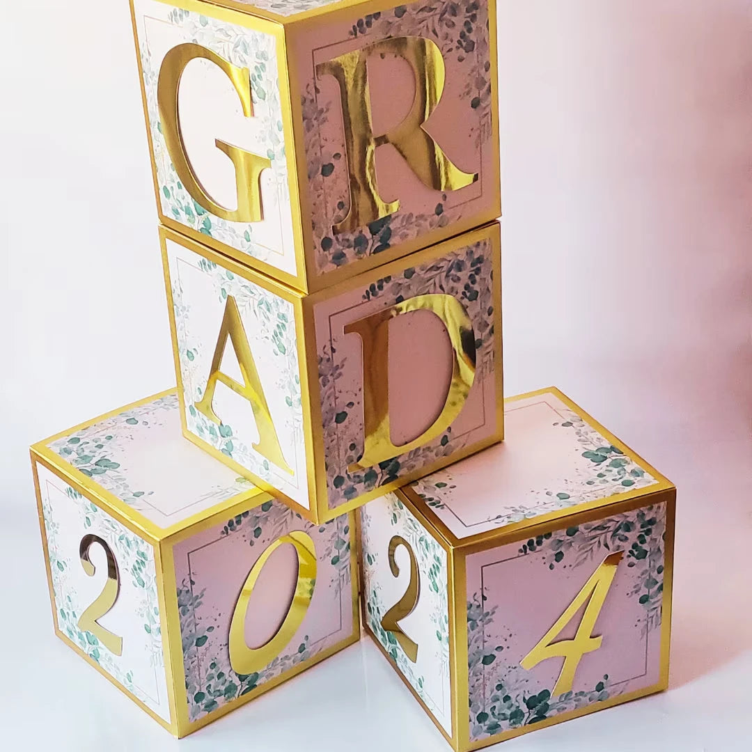 Sage Green 2024 Graduation Blocks with Gold GRAD Letters - Partyshakes Graduation box