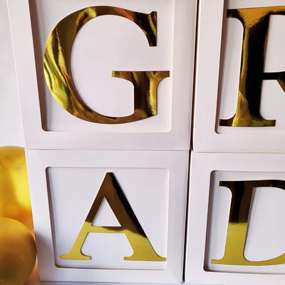White Graduation Blocks with Gold GRAD Letters - Partyshakes Graduation box