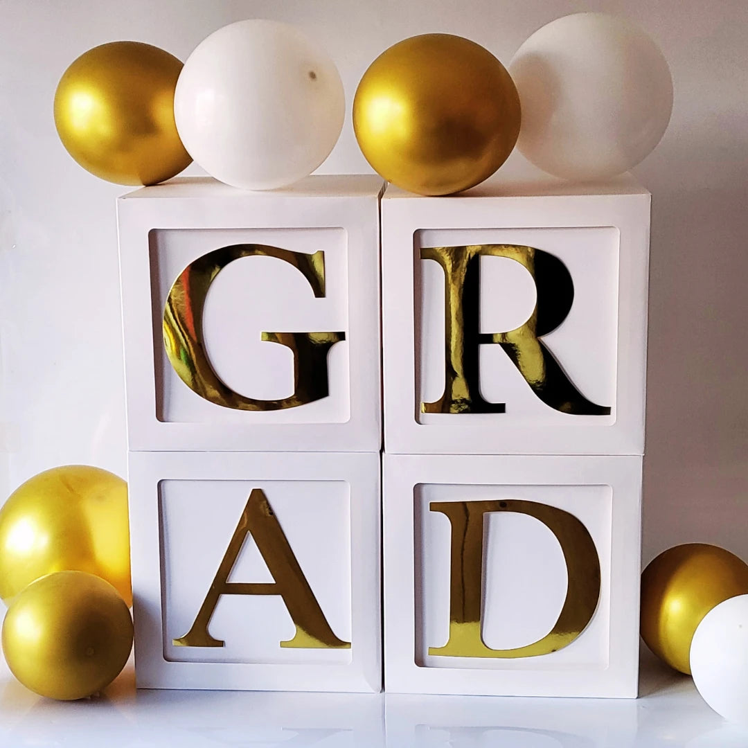 White Graduation Blocks with Gold GRAD Letters - Partyshakes Graduation box