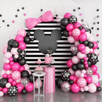 Pink and Black Balloon Garland Arch with Pink and Black Confetti