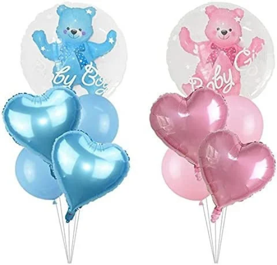 Baby Gender Reveal Balloon Set, Pink And Blue Clear Orb bobo And Heart Foil Balloon