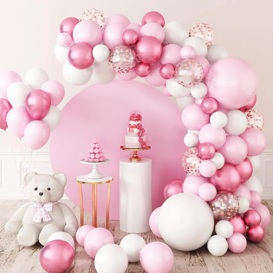 Pink, Metallic Pink and White Pastel Latex Balloon Garland Arch Kit with 18inch Silver Balloons