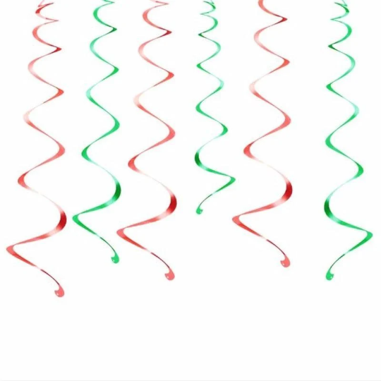 This set of 6 hanging Christmas swirls features 6 unique designs, such as a Christmas tree, bell, stocking, snowflake, Santa, and reindeer, to create a festive ambience. Add a festive touch to your holiday decor with 6pcs Christmas Hanging Swirls