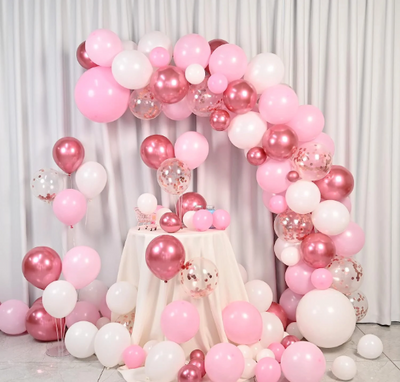 Our Double Layered Pink and White Balloons with Metallic Pink Garland Arch are designed to help create an unforgettable special occasion for all occasions. With this Garland Kit, you can produce a stunning baby shower, princess birthdays parties, Valentine's day, gender reveal, summer parties, and baby arrival ideas. Made with premium, non-toxic biodegradable natural latex, this comprehensive balloon kit provides all the necessary supplies for creating breathtaking designs.