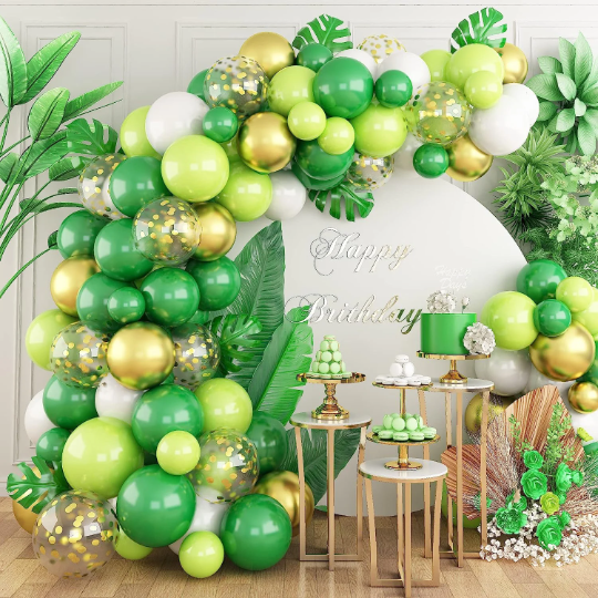 Green and Gold Balloon Garland with Gold confetti Balloons, Safari Baby Shower Decorations