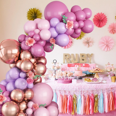 Double Layered Pink, Purple and Rose Gold Latex Balloon Garland - Partyshakes Balloons