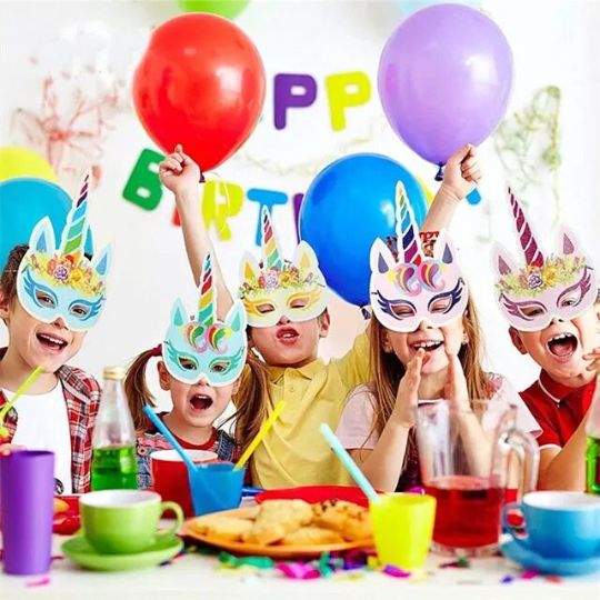 Our magical 12 PCS Unicorn Paper Masks Unicorn masks will add sparkle your unicorn theme Birthday parties. They could be used as photo props to store pleasurable memories. Each mask is crafted from lightweight and durable materials and is designed to fit children ages 4 and up. Perfect for a fabulous, yet stress-free, Unicorn-themed celebration.