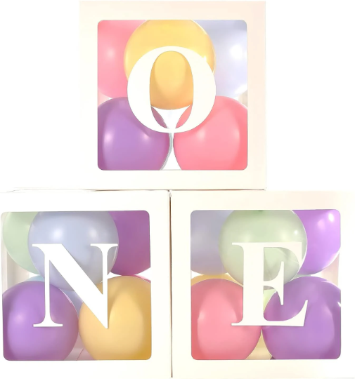 Our stylish  3pcs White Transparent ONE Baby Blocks with balloons are perfect for embellishing baby showers, children's birthdays, first birthday bashes, and home decoration. They are versatile and come with various balloon colour options making them durable and chic additions to any celebration.