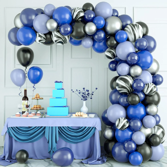 Navy Blue, Black and Silver Latex Party Balloon Garland with Black Marble, Metallic Balloon