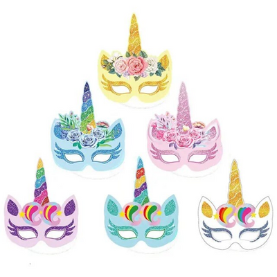 Our magical 12 PCS Unicorn Paper Masks Unicorn masks will add sparkle your unicorn theme Birthday parties. They could be used as photo props to store pleasurable memories. Each mask is crafted from lightweight and durable materials and is designed to fit children ages 4 and up. Perfect for a fabulous, yet stress-free, Unicorn-themed celebration.