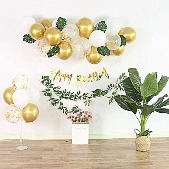 Our 38-piece White and Gold Happy Birthday Balloon Garland Arch is ideal for celebrations such as Birthdays, Valentine's Day, Summer parties,  Graduation, Weddings, Baby shower, Anniversaries, and all special events. Made with biodegradable Natural Latex, with stunning life-like Ivy and Monstera leaves, these balloons can create a dynamic atmosphere, a balloon wall or backdrop, or a striking centrepiece, making them versatile and perfect for any occasion.