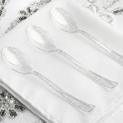 25pcs Premium Silver Glitter Spoons, Knives, Forks - Partyshakes Spoons Tableware