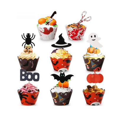 24 Halloween Cupcake cases, 24 Halloween Cupcake Toppers Cake Decorations