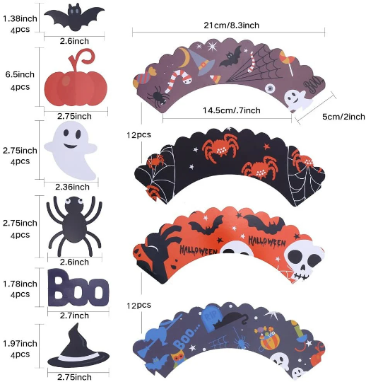 24 Halloween Cupcake cases, 24 Halloween Cupcake Toppers Cake Decorations