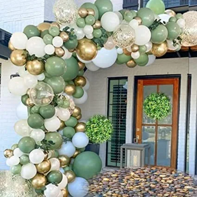 Featuring an assortment of double-layered sage green and white with metallic gold and confetti balloons. this stunning arch will create the ultimate backdrop whether you're celebrating milestone birthdays, weddings, summer parties, engagements, Valentine's Day, baby showers, bachelor parties, hen parties, graduation celebrations, bridal showers, or anniversaries. 