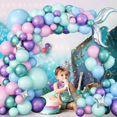 Mermaid Silver Tail Balloon with Shell Garland Arch, Mermaid Balloon Garland Arch