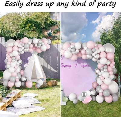Pink, Silver, Grey and White Pastel Latex Balloon Garland Arch Kit with 18inch Silver Balloons