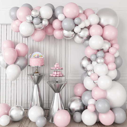 Pink, Silver, Grey and White Pastel Latex Balloon Garland Arch Kit with 18inch Silver Balloons