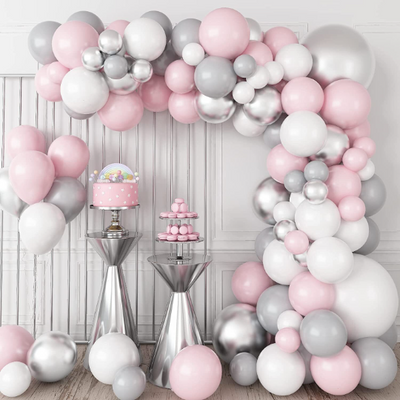 Pink, Silver, Grey and White Pastel Latex Balloon Garland Arch Kit with 18inch Silver Balloons - Partyshakes Balloons