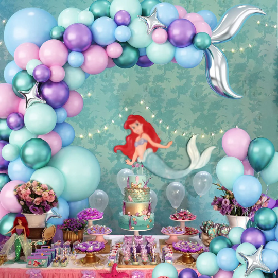 Mermaid Silver Tail Balloon with Shell Garland Arch, Mermaid Balloon Garland Arch - Partyshakes Balloons